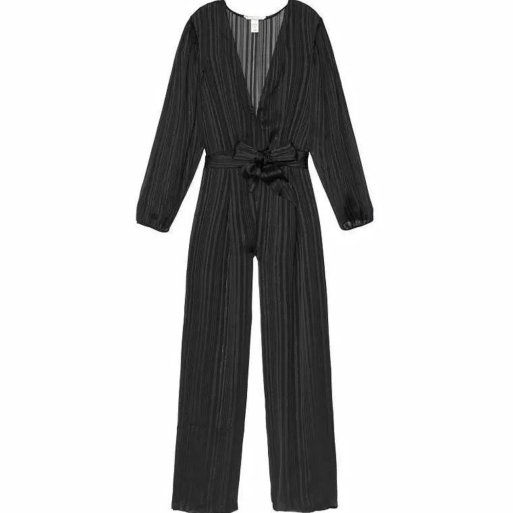 Victoria's Secret Black Striped Chiffon Jumpsuit Sz S Cocktail Party NO BELT